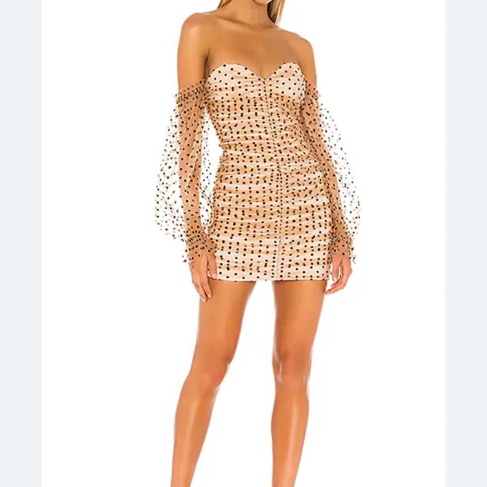MAJORELLE Polka Dot Off-Shoulder Dress in Nude and Black